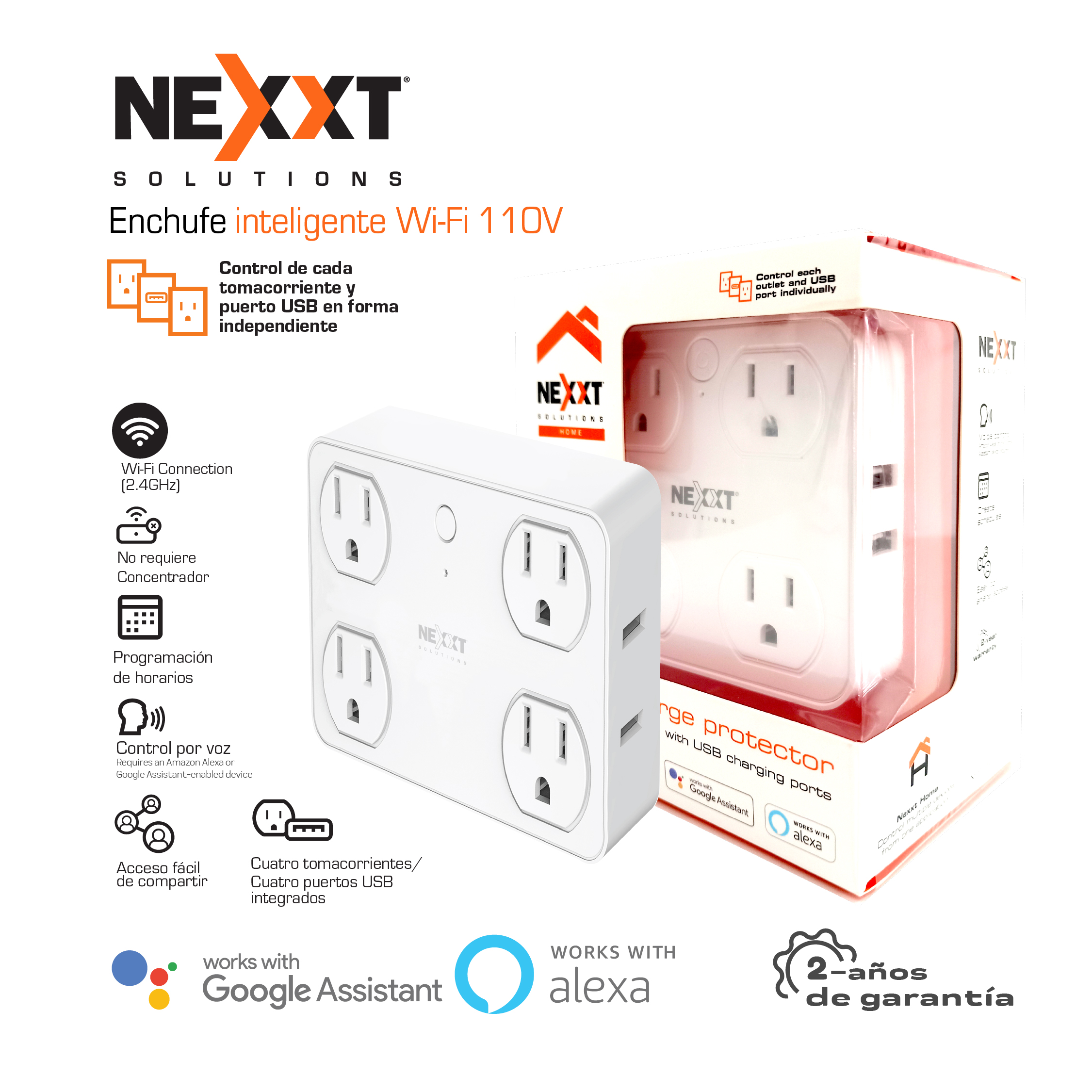 Binary-ec  Tomacorriente Inteligente empotrable wifi Nexxt 110V, dos tomas  un usb